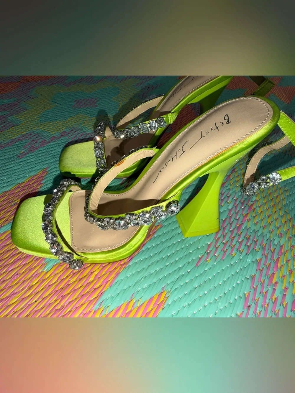 Betsey Johnson Neon Lime Satin Crystal-Strap Platform Heels